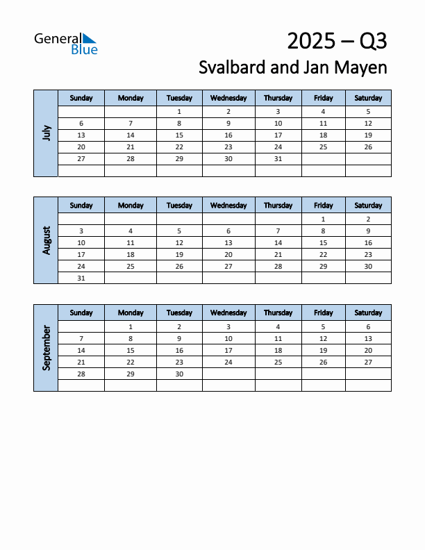Free Q3 2025 Calendar for Svalbard and Jan Mayen - Sunday Start