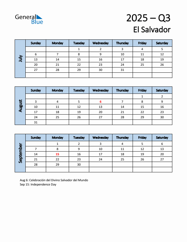 Free Q3 2025 Calendar for El Salvador - Sunday Start