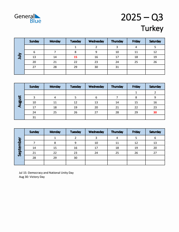 Free Q3 2025 Calendar for Turkey - Sunday Start