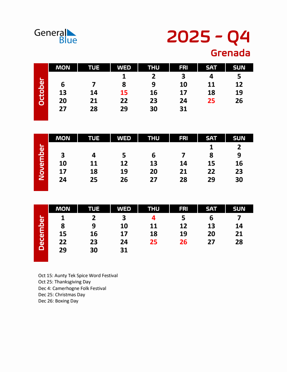 Q4 2025 Calendar With Holidays