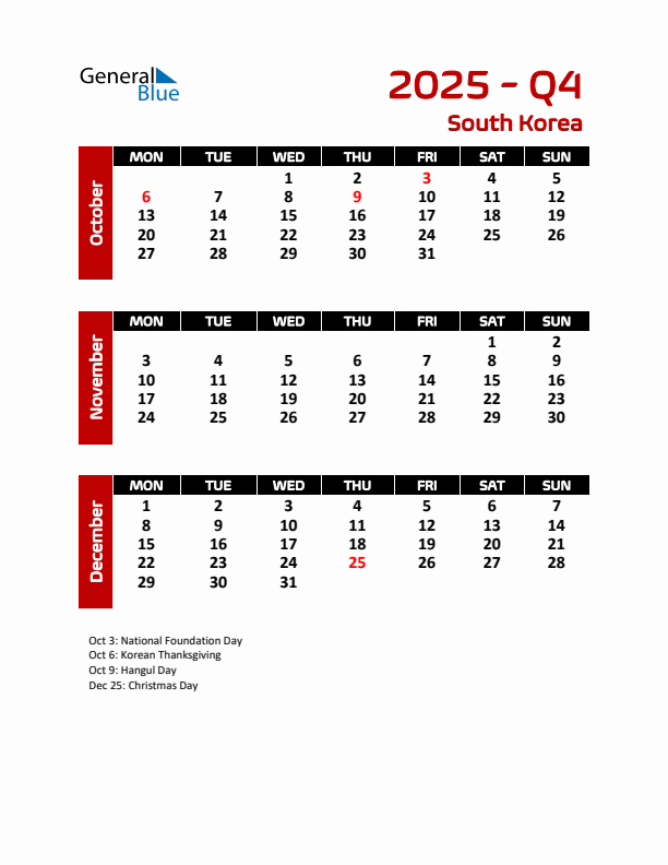 Threemonth calendar for South Korea Q4 of 2025