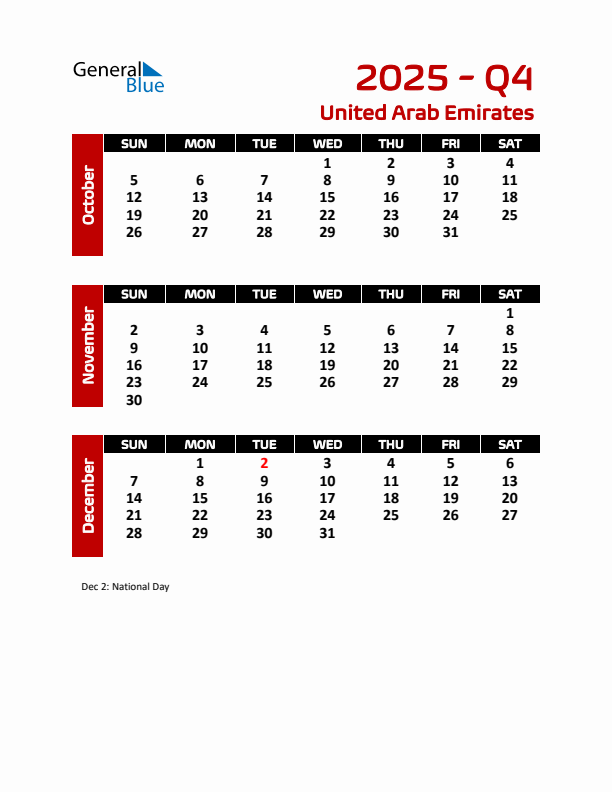 Q4 2025 Quarterly Calendar with United Arab Emirates Holidays (PDF