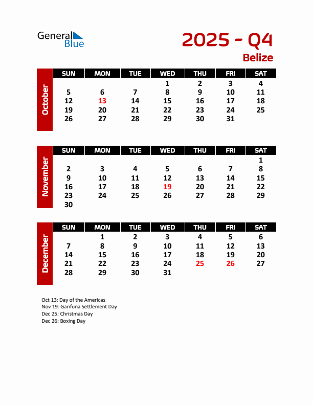 Q4 2025 Quarterly Calendar with Belize Holidays