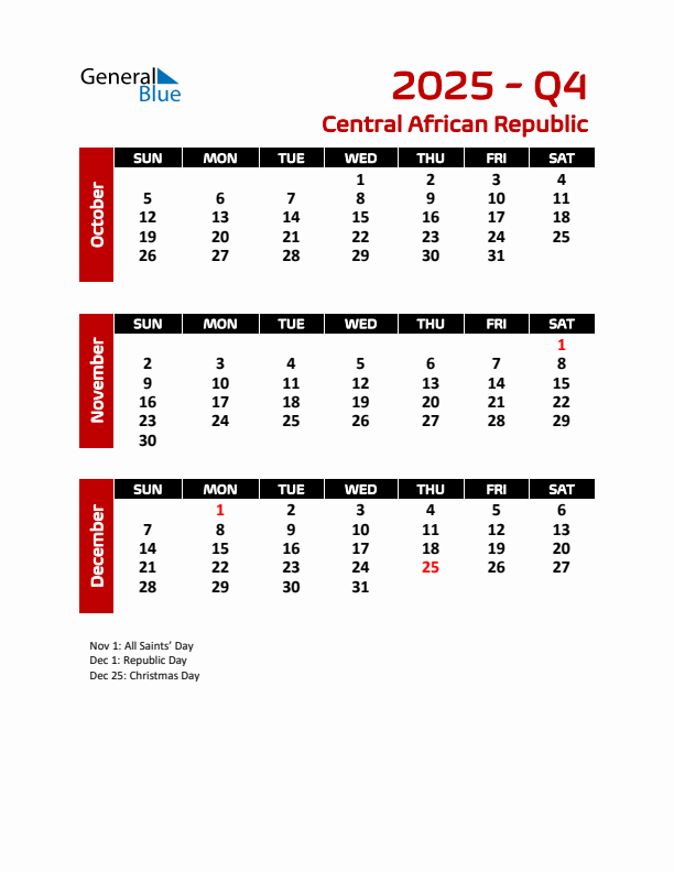 Q4 2025 Quarterly Calendar with Central African Republic Holidays