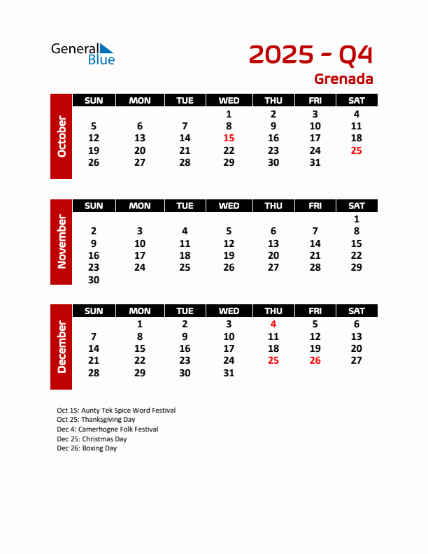 Q4 2025 Quarterly Calendar with Grenada Holidays
