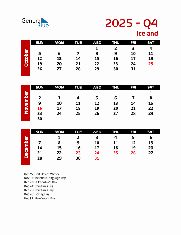 Q4 2025 Quarterly Calendar with Iceland Holidays
