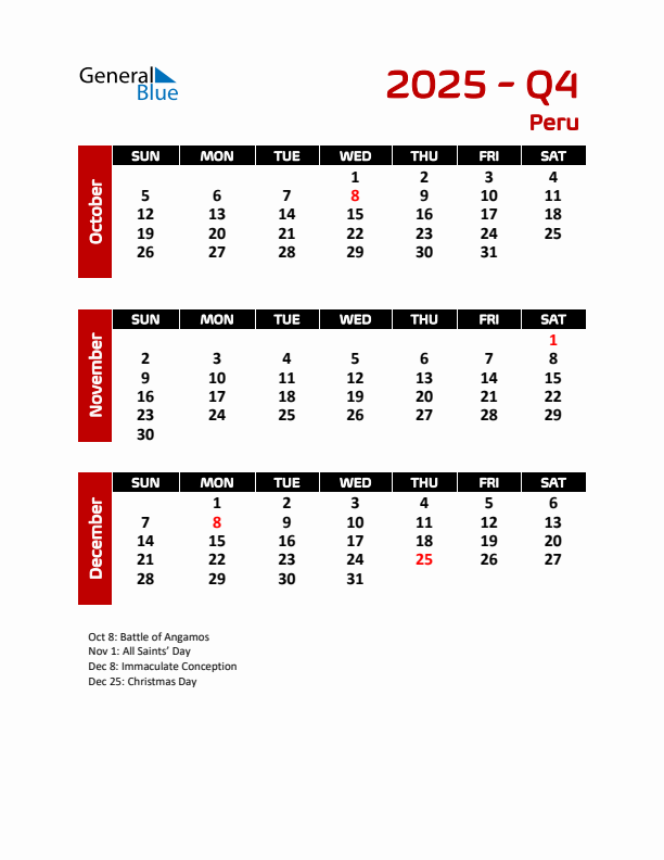 Q4 2025 Quarterly Calendar with Peru Holidays