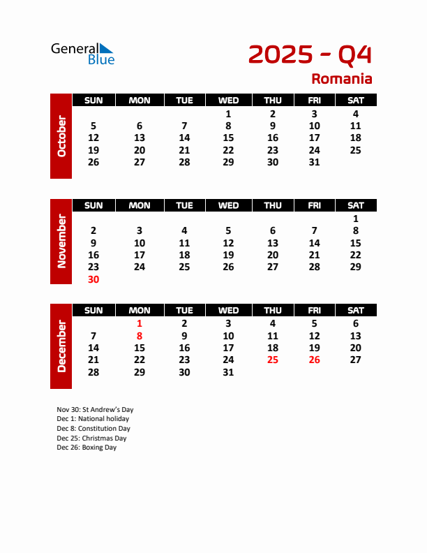 Q4 2025 Quarterly Calendar with Romania Holidays