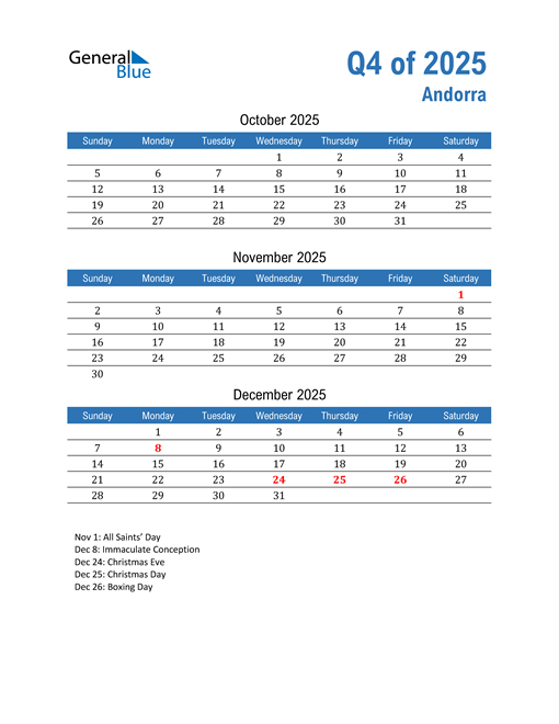  Andorra 2025 Quarterly Calendar 
