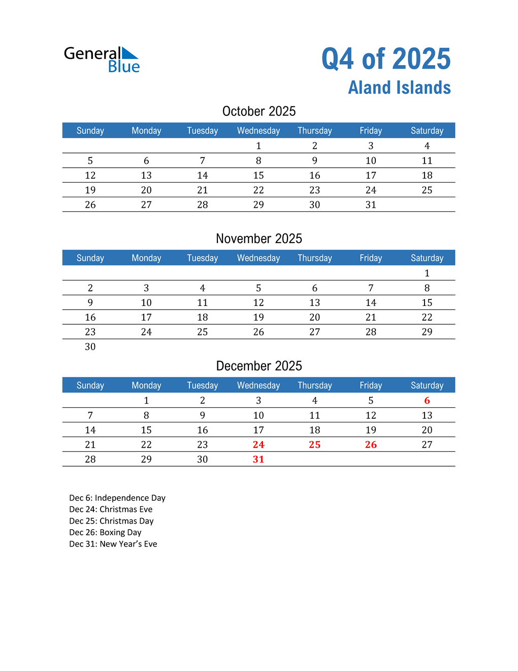  Aland Islands 2025 Quarterly Calendar 