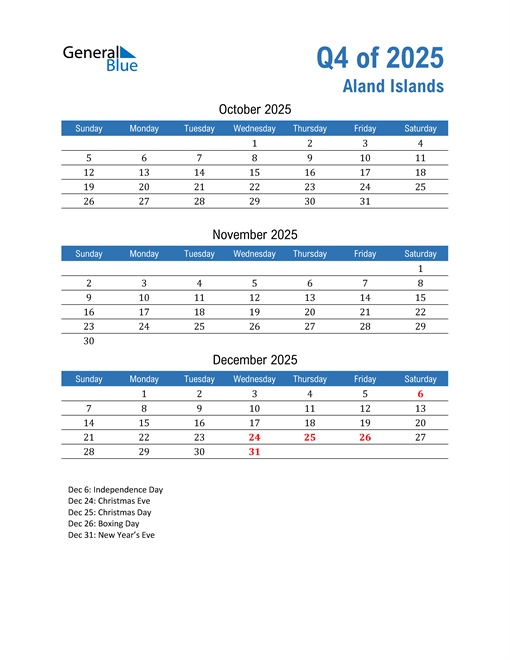  Aland Islands 2025 Quarterly Calendar 