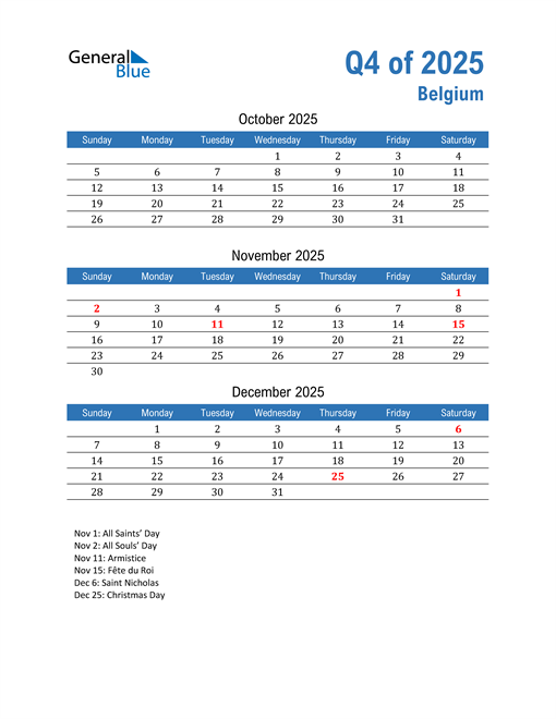 Q4 2025 Quarterly Calendar with Belgium Holidays