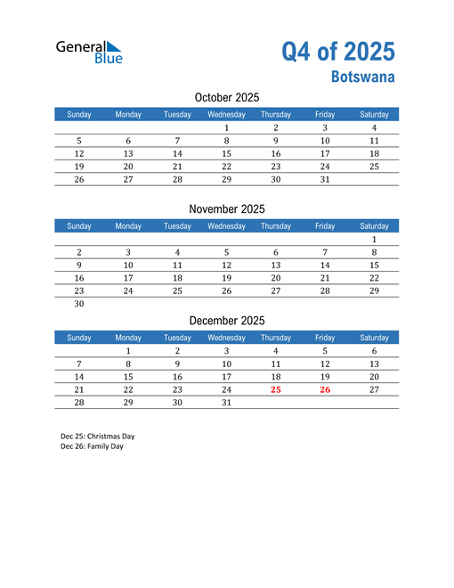  Botswana 2025 Quarterly Calendar 