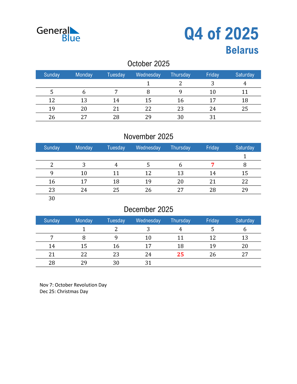  Belarus 2025 Quarterly Calendar 