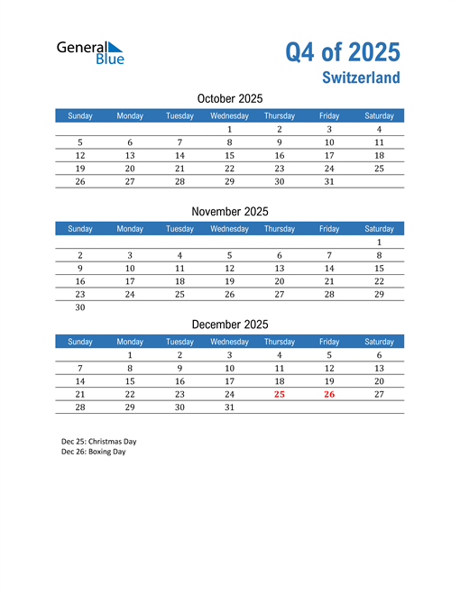  Switzerland 2025 Quarterly Calendar 