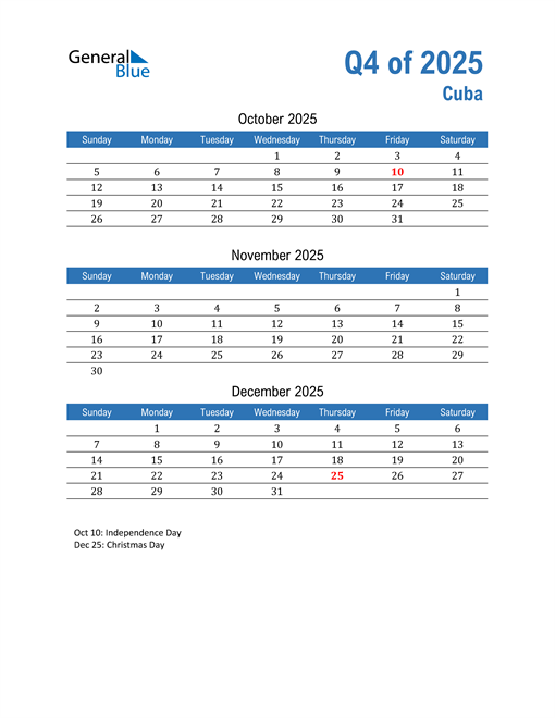  Cuba 2025 Quarterly Calendar 