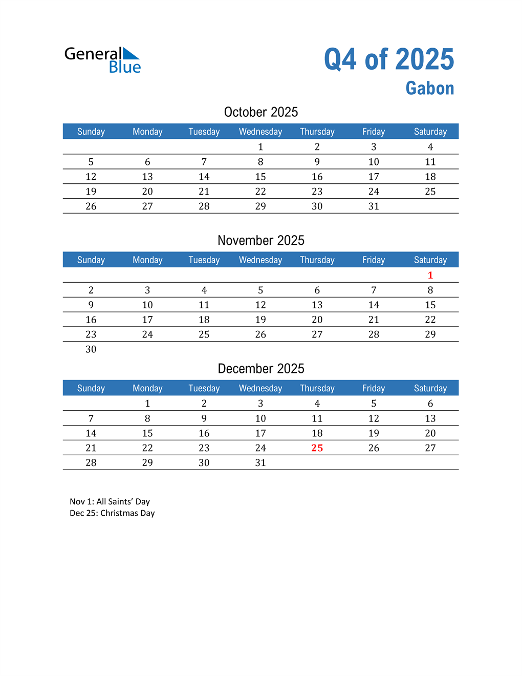  Gabon 2025 Quarterly Calendar 