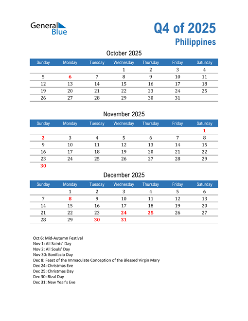 Q4 2025 Quarterly Calendar with Philippines Holidays