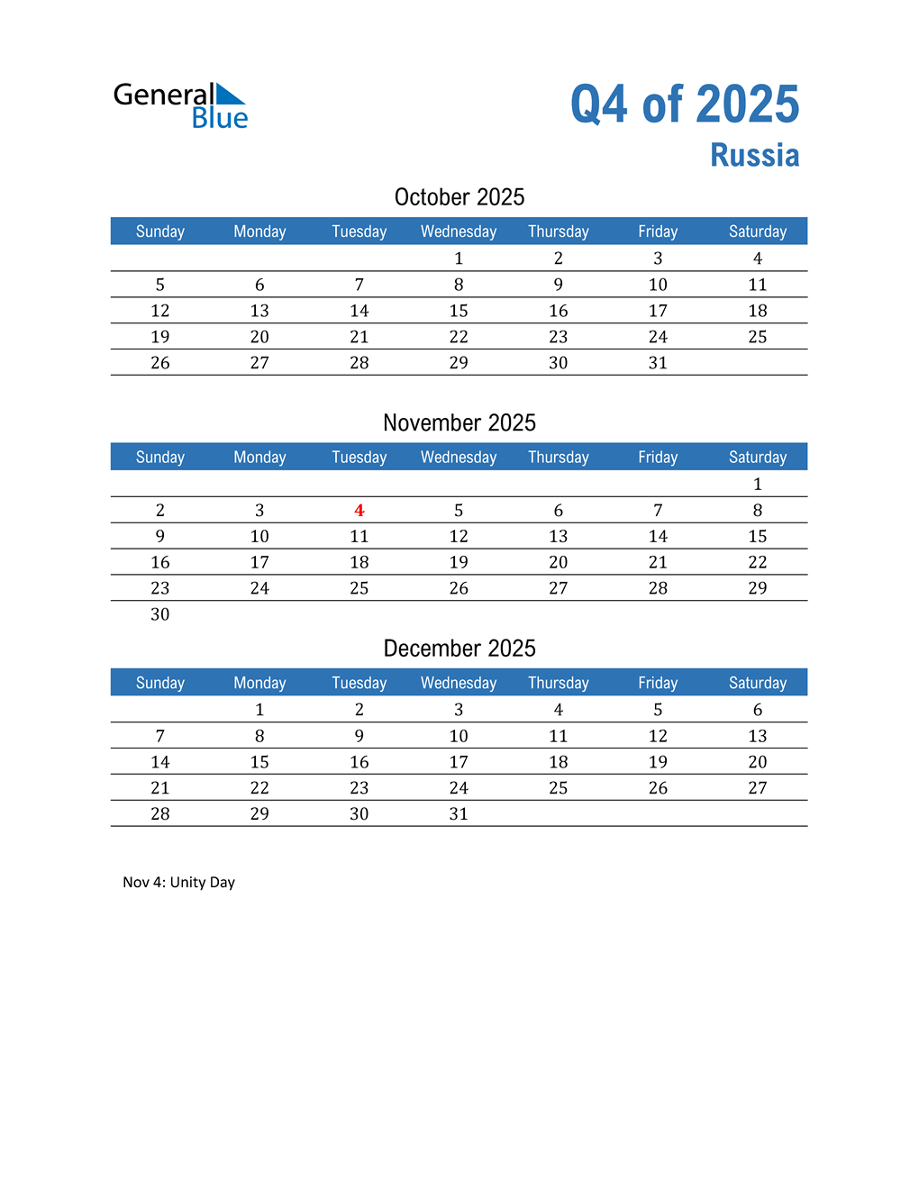  Russia 2025 Quarterly Calendar 