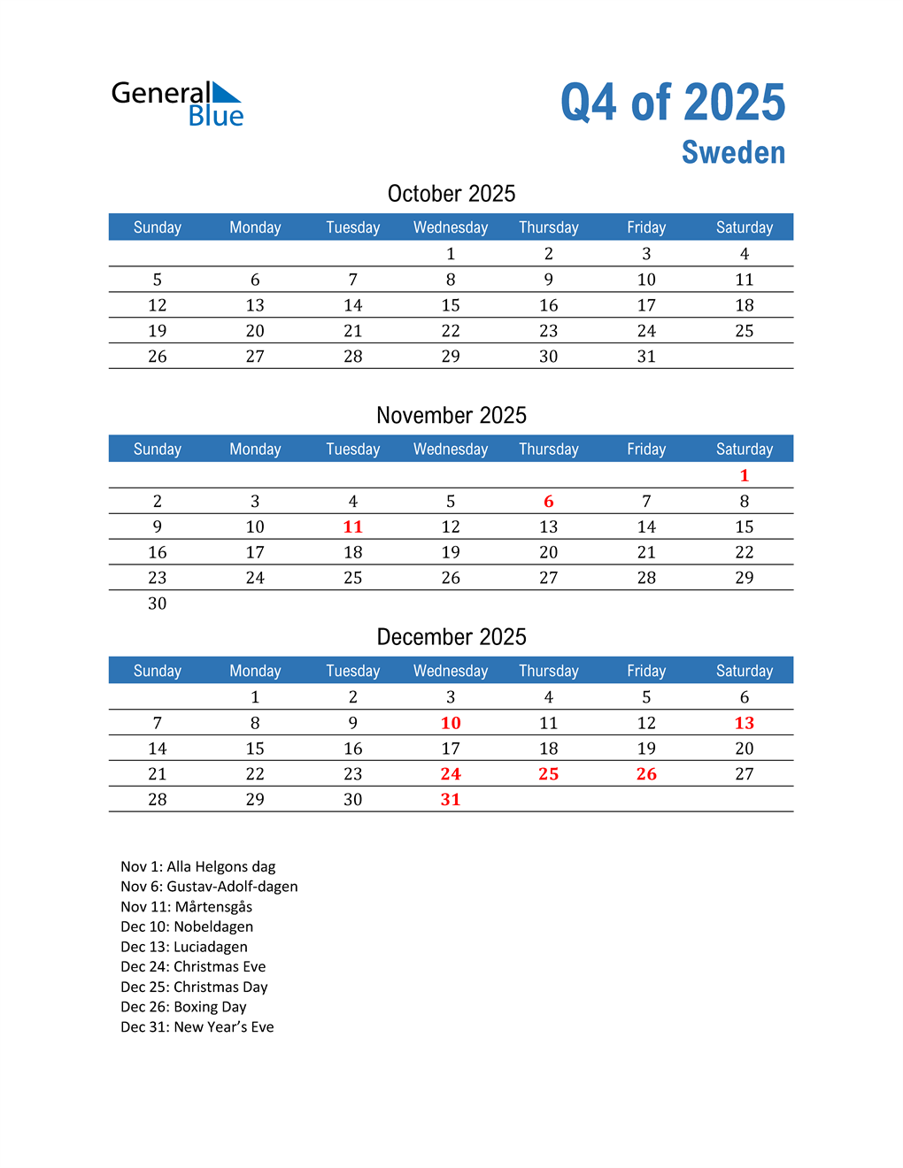  Sweden 2025 Quarterly Calendar 