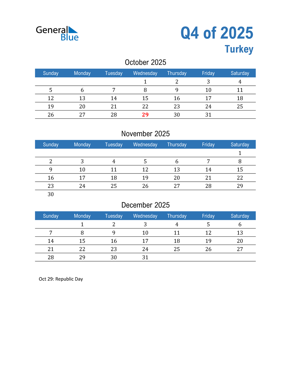 Turkey 2025 Quarterly Calendar 