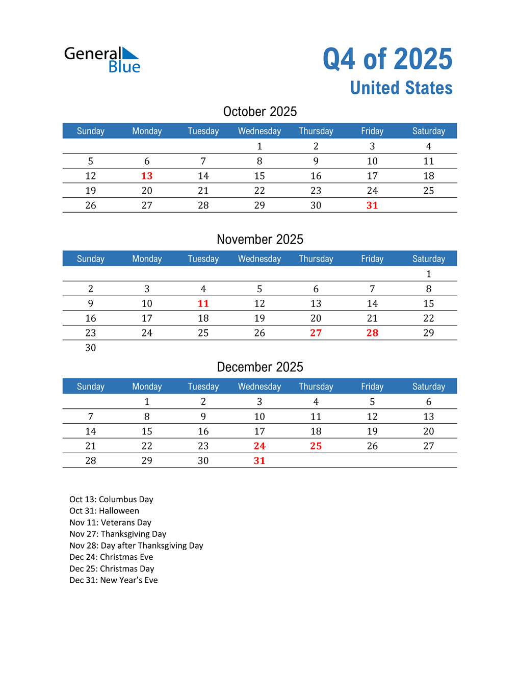  United States 2025 Quarterly Calendar 