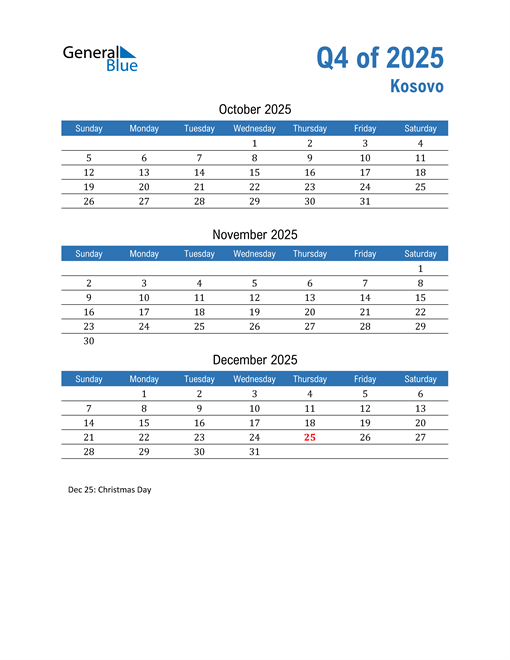  Kosovo 2025 Quarterly Calendar 