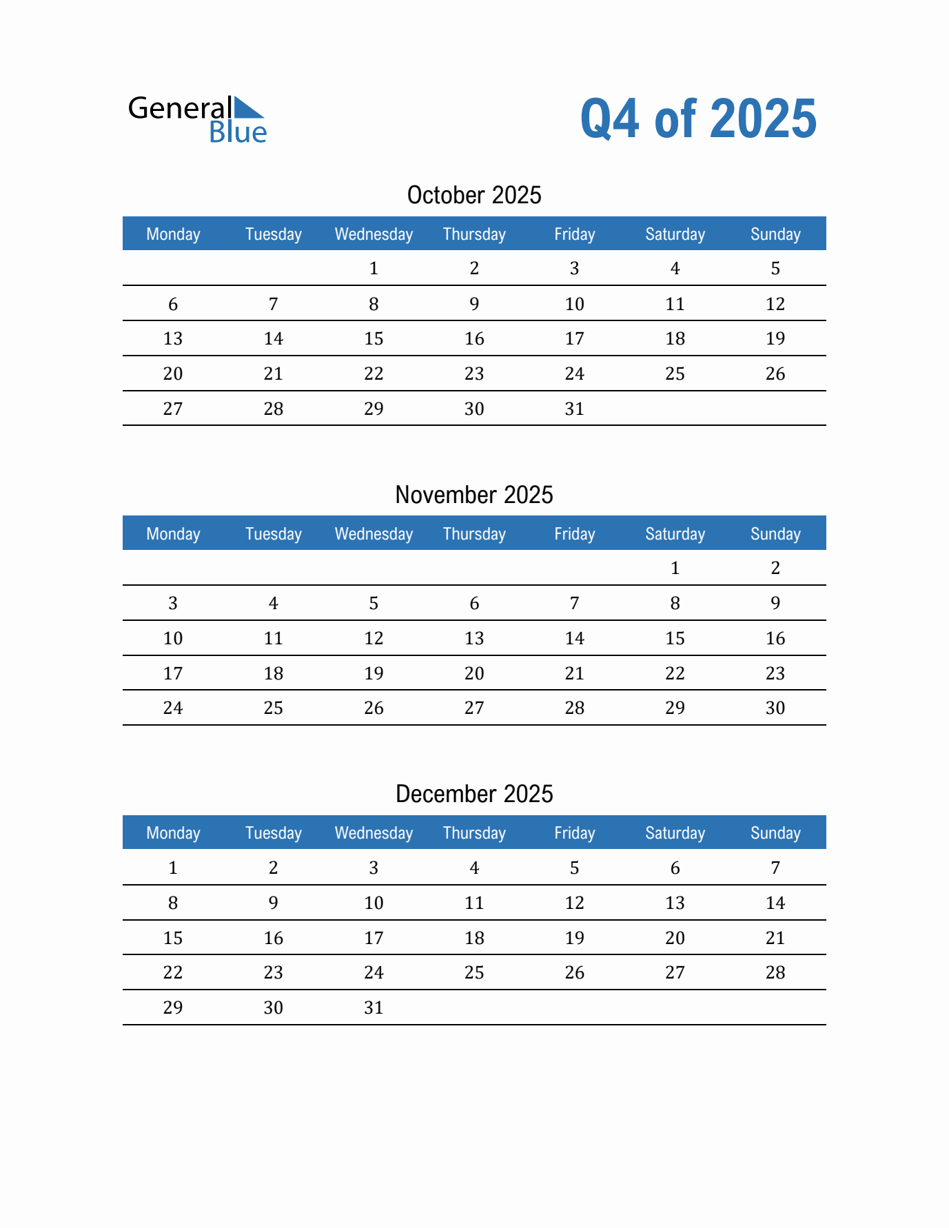 ThreeMonth Calendar Q4 2025