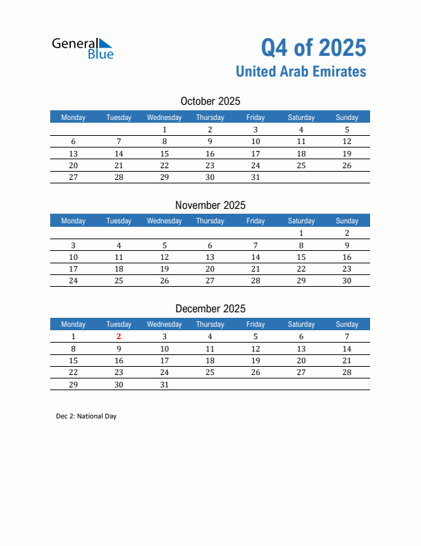 United Arab Emirates 2025 Quarterly Calendar with Monday Start