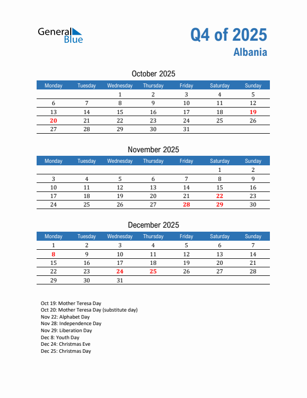 Albania 2025 Quarterly Calendar with Monday Start
