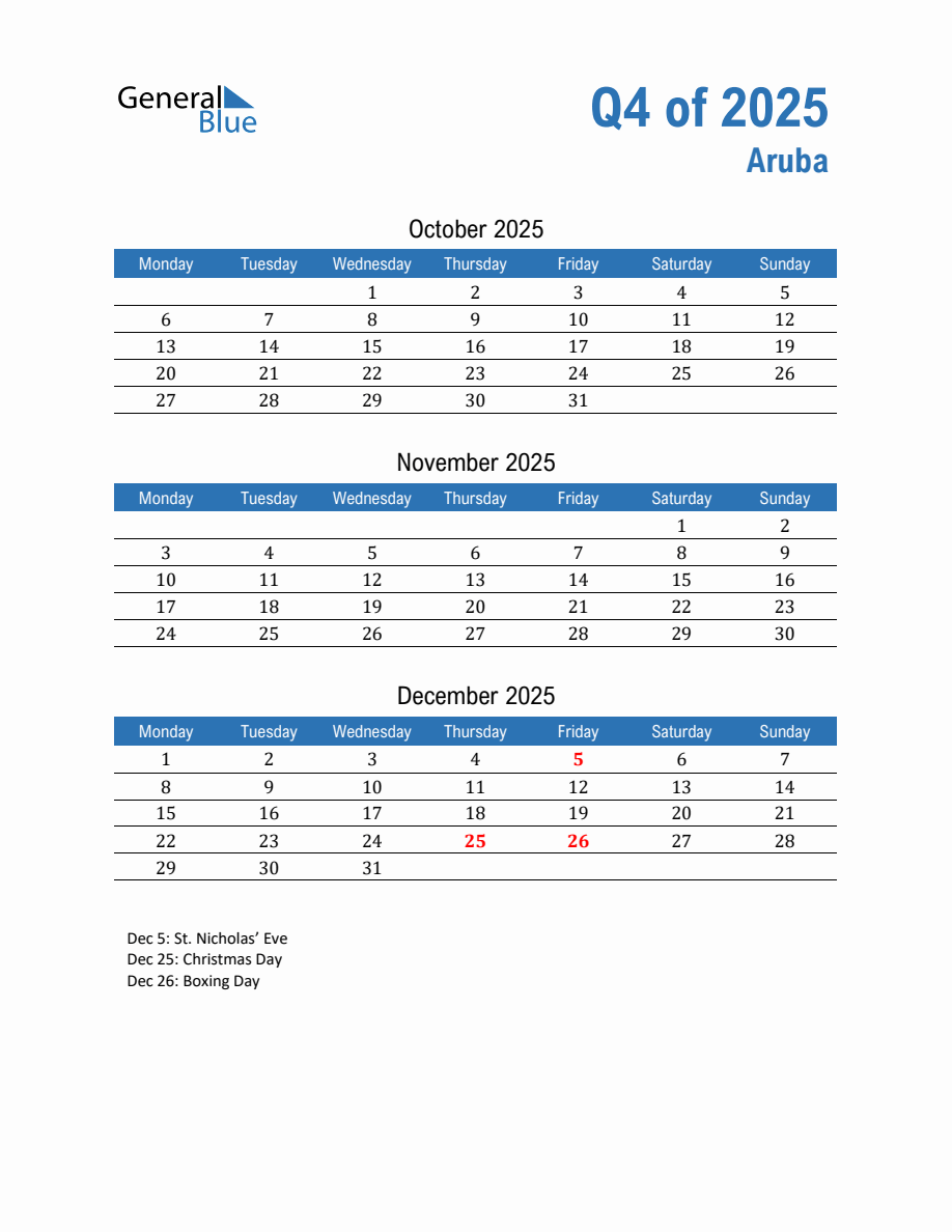 Aruba 2025 Quarterly Calendar with Monday Start