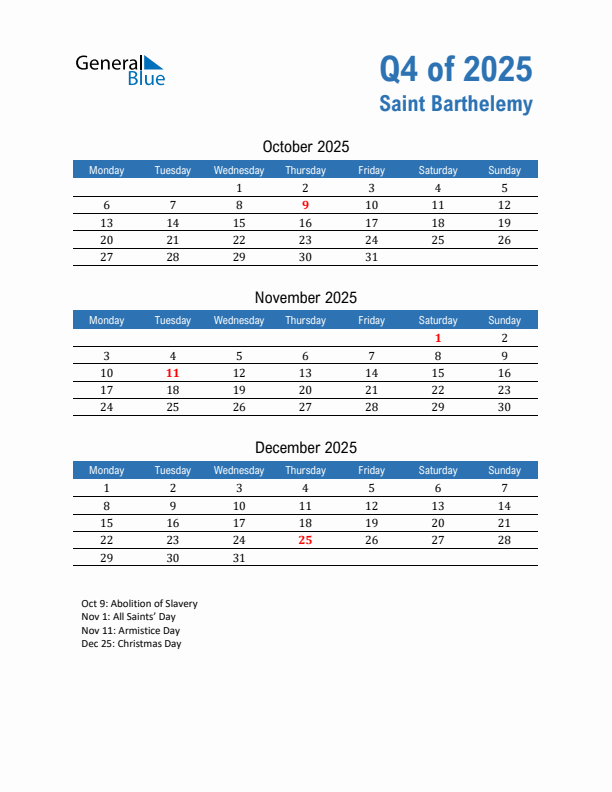 Saint Barthelemy 2025 Quarterly Calendar with Monday Start