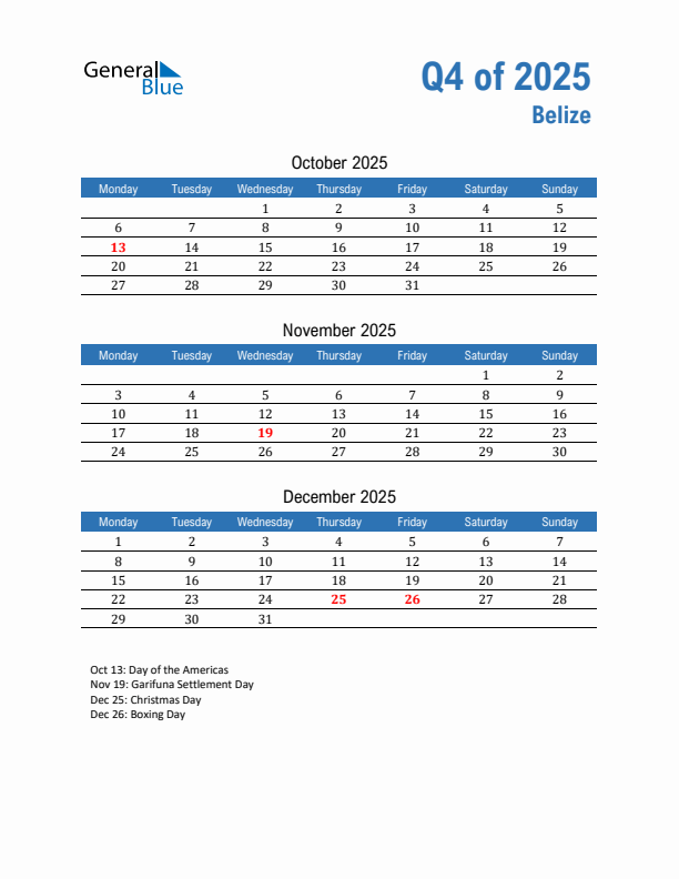 Belize 2025 Quarterly Calendar with Monday Start