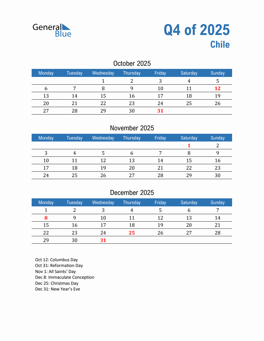 Chile 2025 Quarterly Calendar with Monday Start