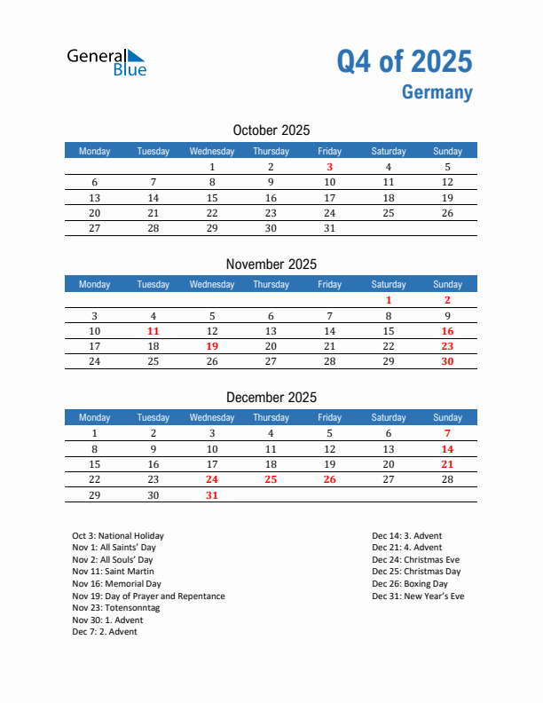 Germany 2025 Quarterly Calendar with Monday Start