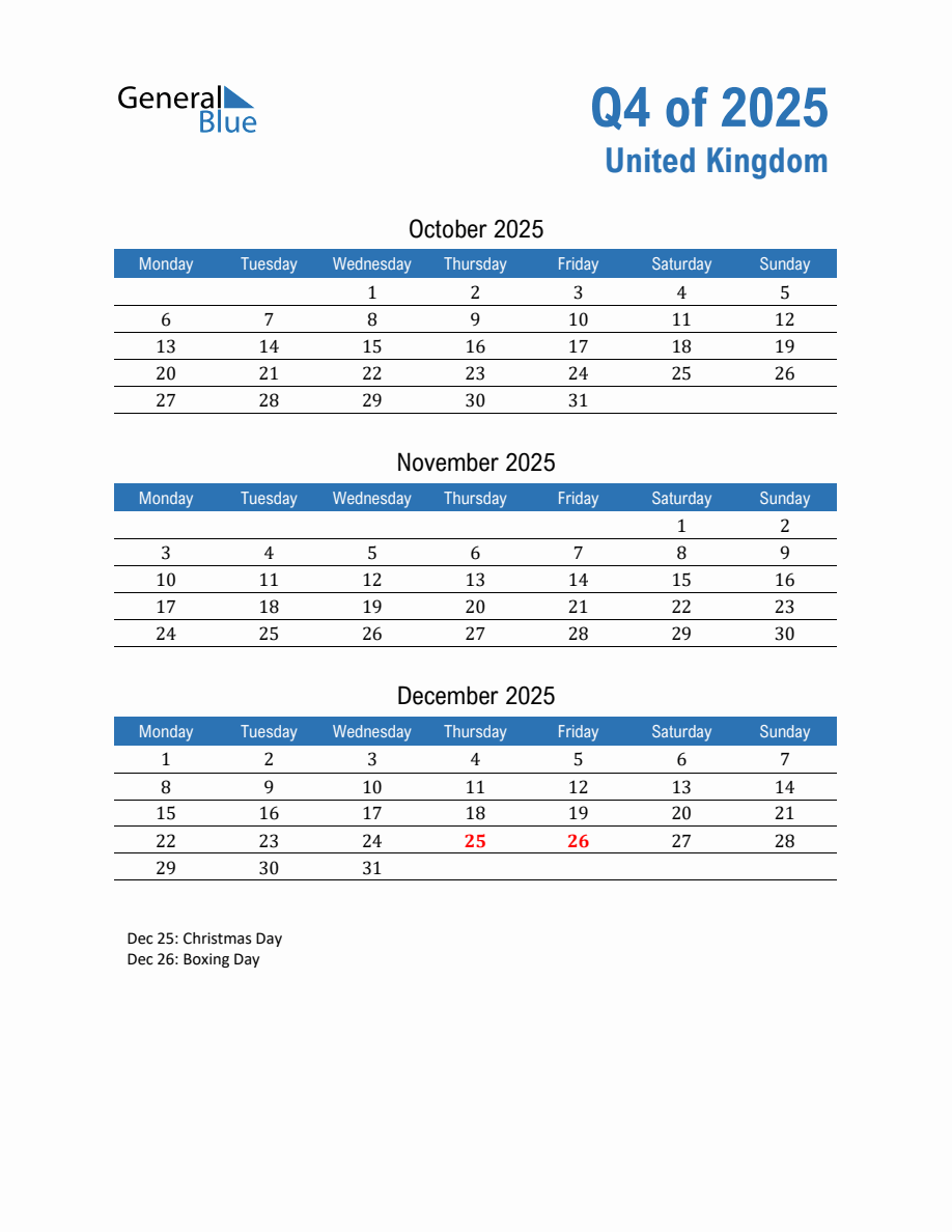 United Kingdom 2025 Quarterly Calendar with Monday Start