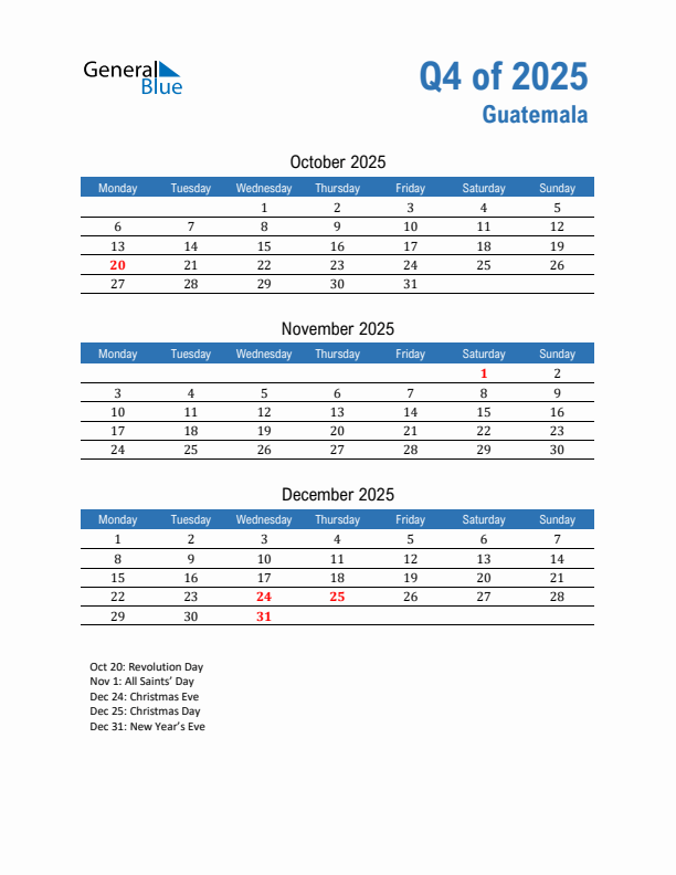 Guatemala 2025 Quarterly Calendar with Monday Start