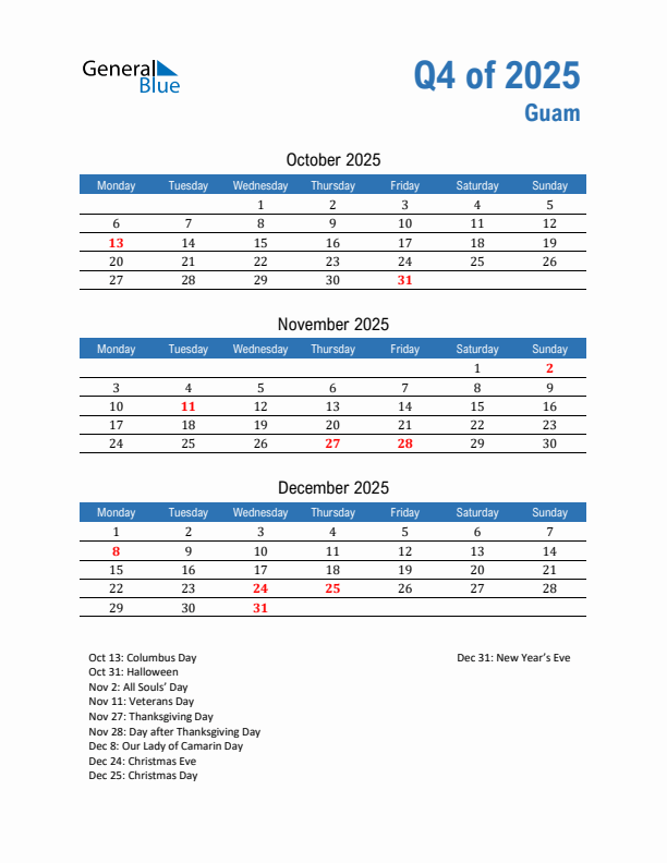 Guam 2025 Quarterly Calendar with Monday Start