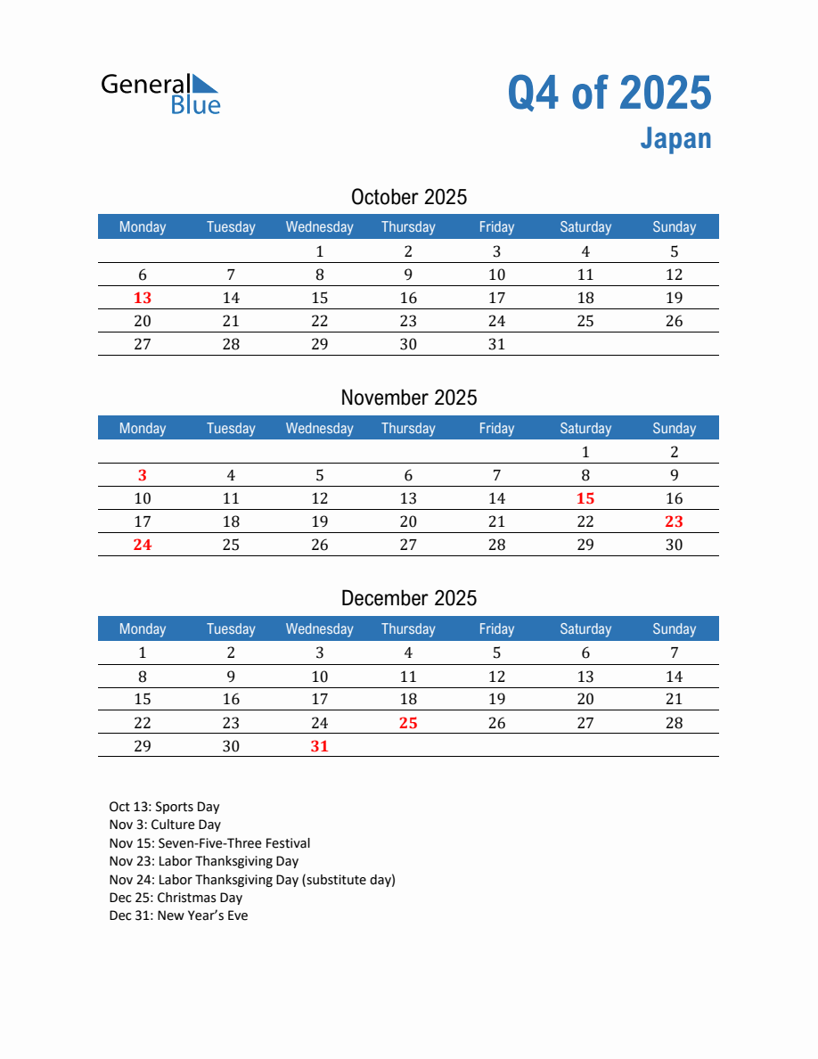 Japan 2025 Quarterly Calendar with Monday Start