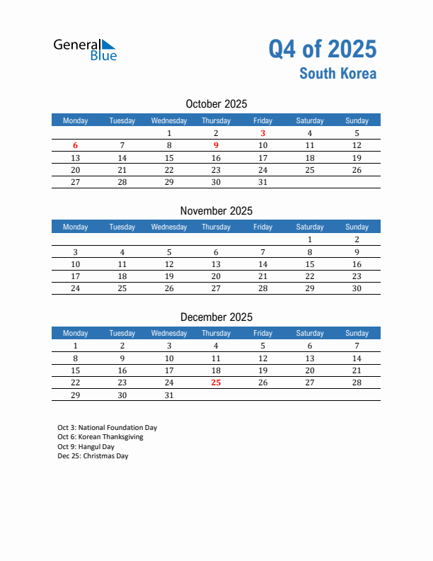 South Korea 2025 Quarterly Calendar with Monday Start