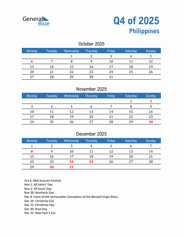 Philippines 2025 Quarterly Calendar with Monday Start