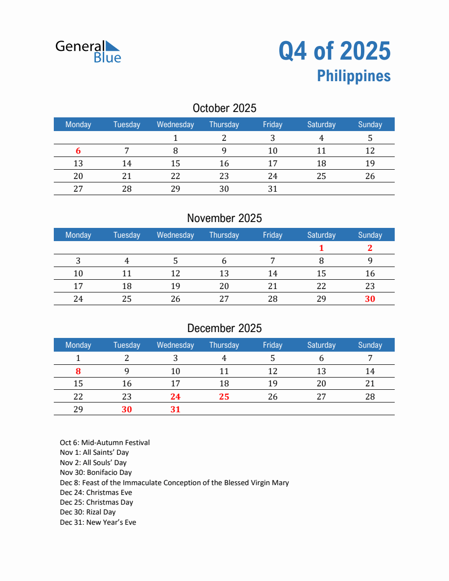 Philippines 2025 Quarterly Calendar with Monday Start