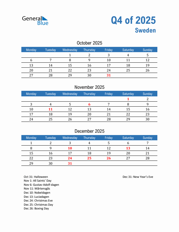 Sweden 2025 Quarterly Calendar with Monday Start