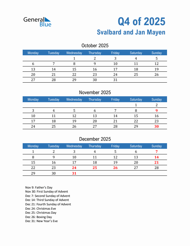 Svalbard and Jan Mayen 2025 Quarterly Calendar with Monday Start