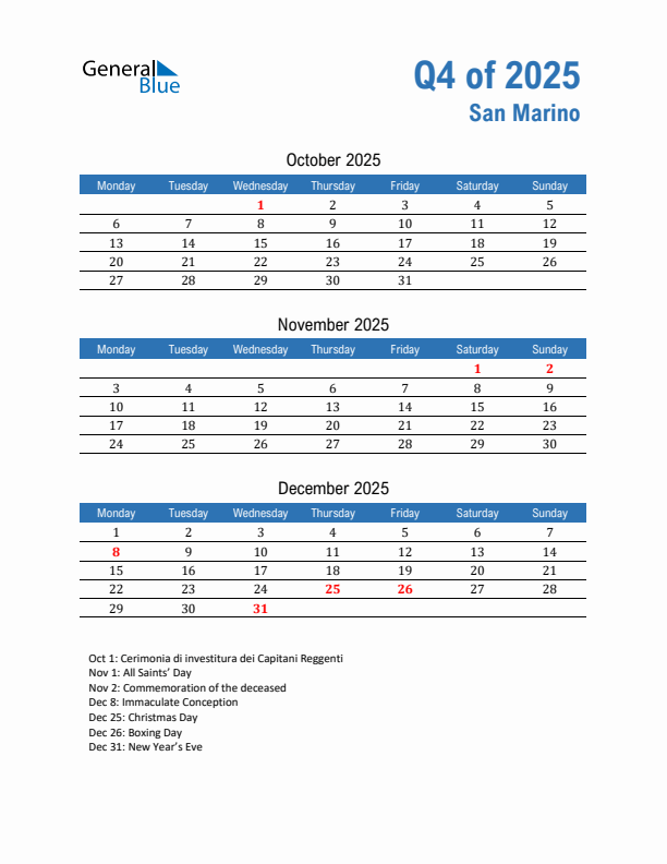 San Marino 2025 Quarterly Calendar with Monday Start