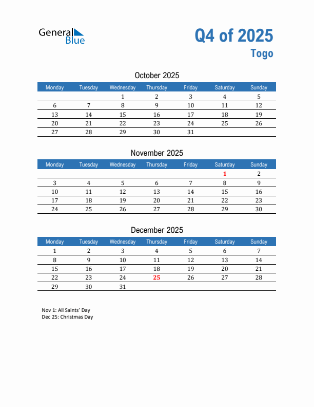 Togo 2025 Quarterly Calendar with Monday Start