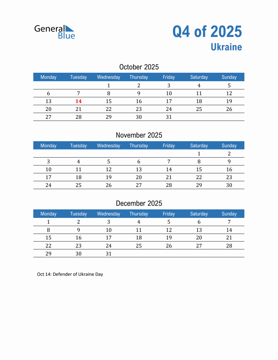 Ukraine 2025 Quarterly Calendar with Monday Start