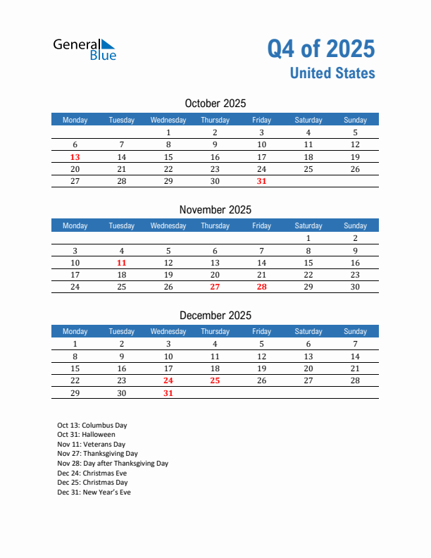 United States 2025 Quarterly Calendar with Monday Start