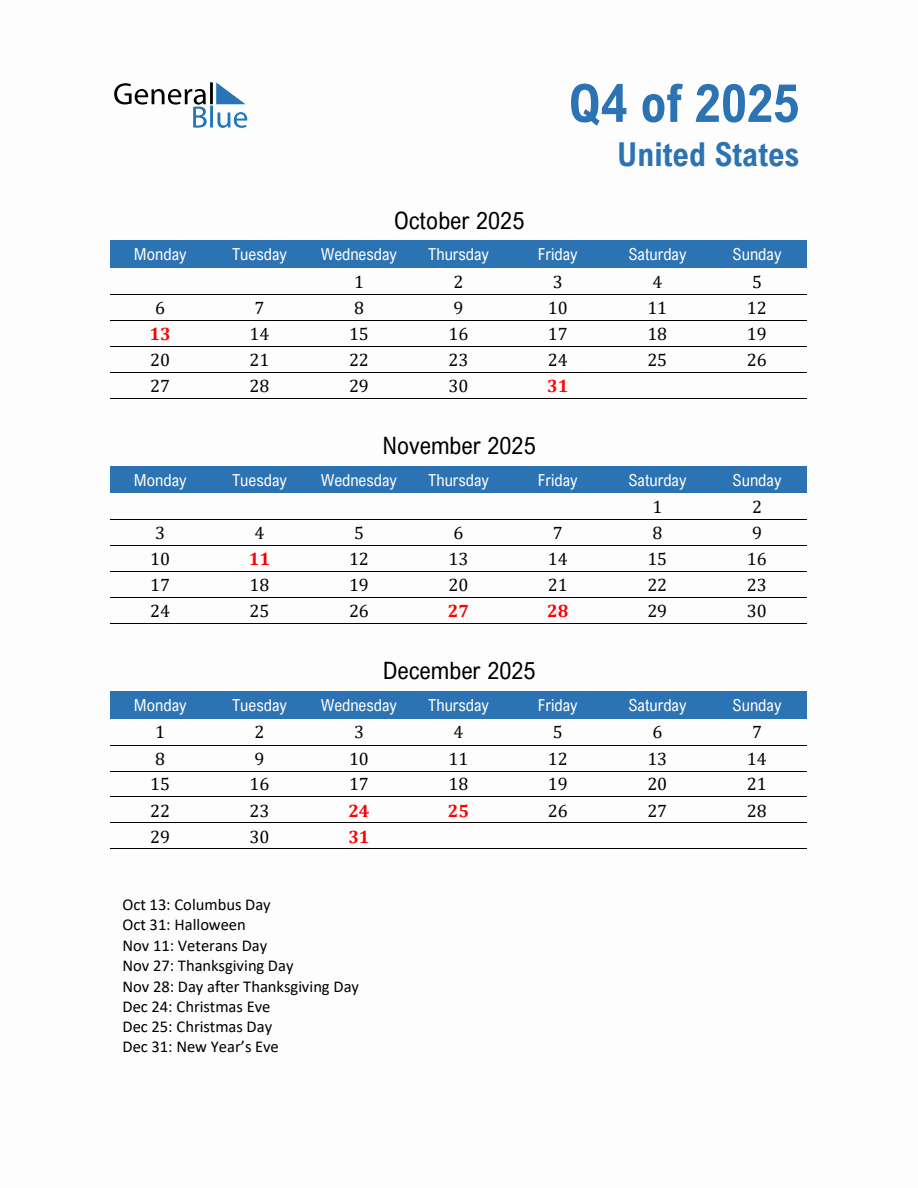 United States 2025 Quarterly Calendar with Monday Start