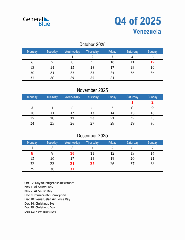 Venezuela 2025 Quarterly Calendar with Monday Start